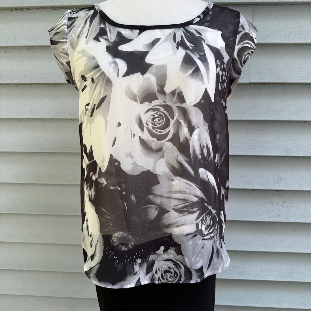 American Eagle Black & White Floral Blouse Cap Sleeve Sheer Top Whimsygoth Sz SP